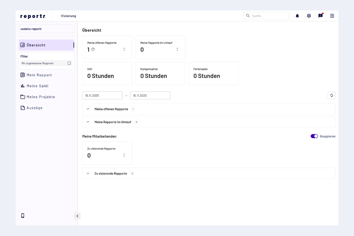 Home page from project manager perspective