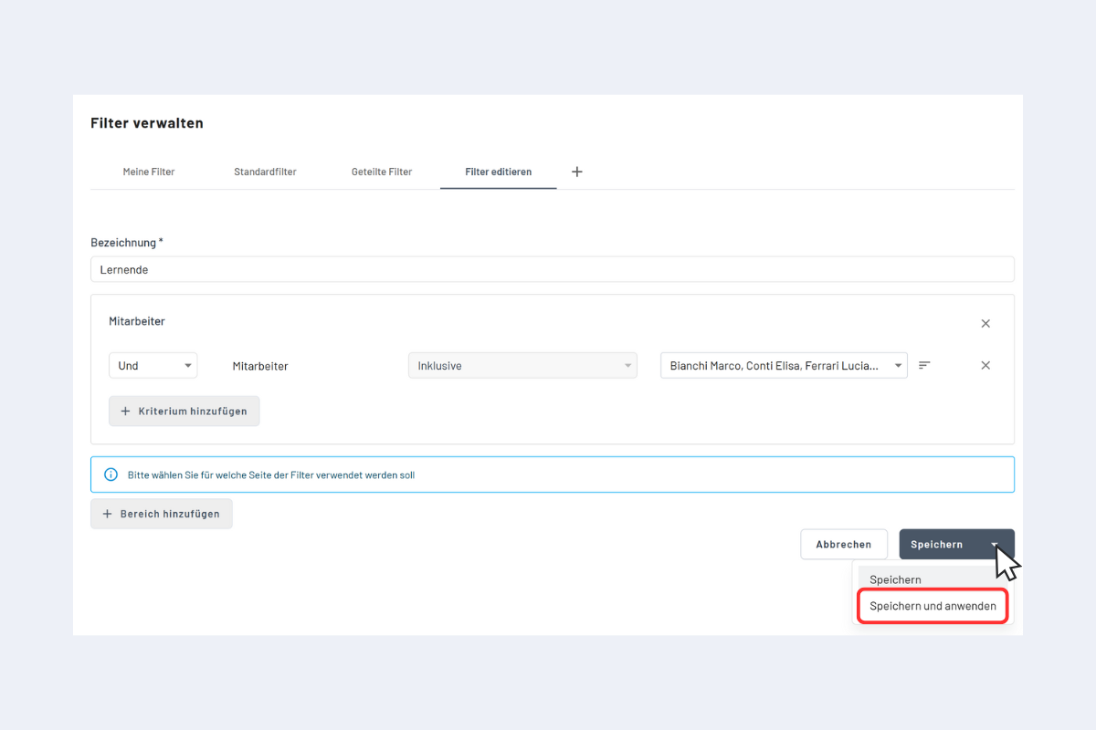 Modificare un filtro in modo permanente, salva e applica