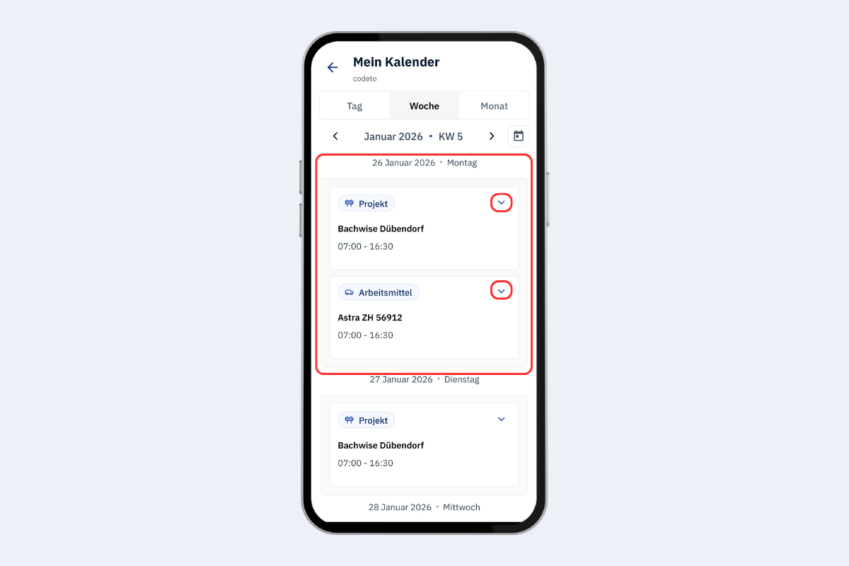 App mobile - calendario vista settimana